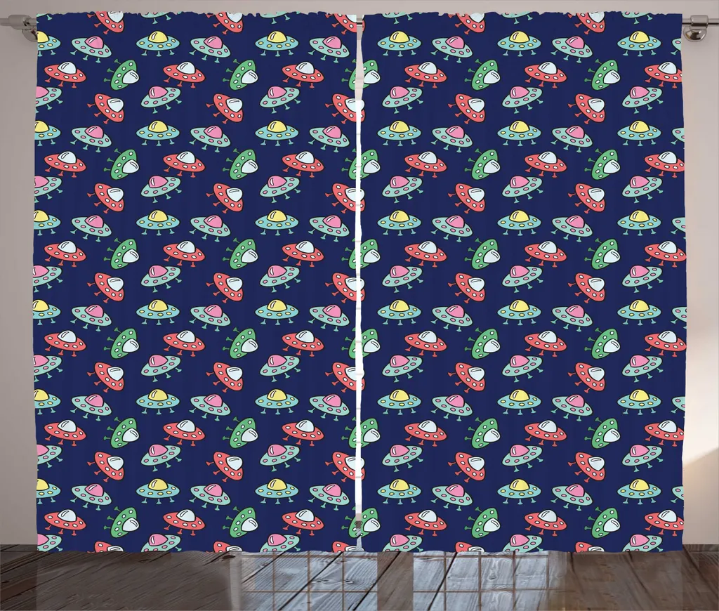 Rideau Galaxis Rustique à Boucles, Motif Caricature d'OVNI Bleu Marine