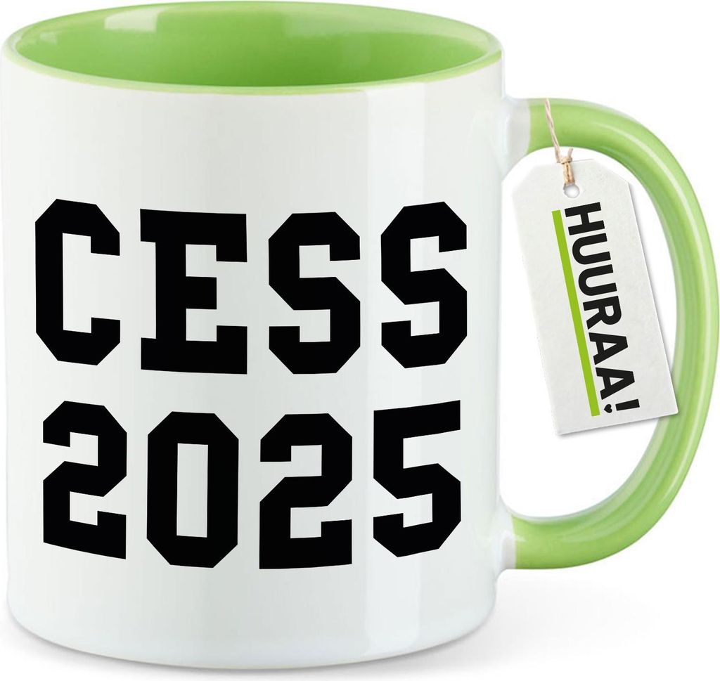 Huuraa Kaffeetasse CESS 2025 Abschluss Belgien (frz.) 330ml Grün Keramik Kaffeebecher Geschenkidee