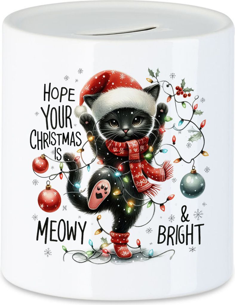 Hope Your Christmas Is Meowy Bright Lustiges Katzenmotiv Spardose Geschenkidee witziges Design Weihnachten