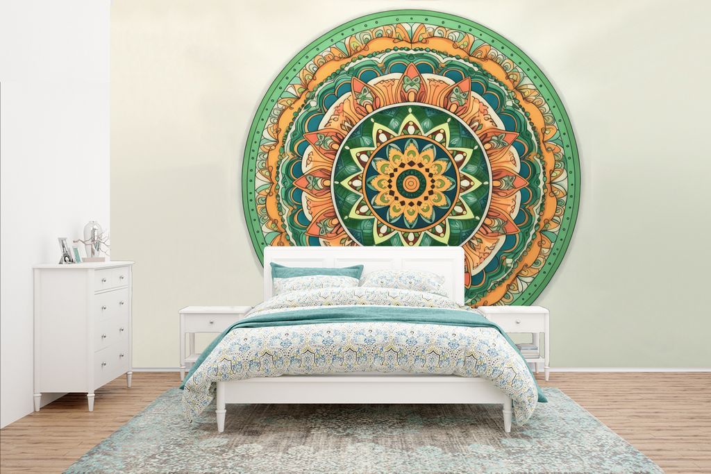 MuchoWow Fototapete für Wohnzimmer oder Schlafzimmer Wandtapete Vinyl Motivtapete Hippie - Mandala - Grün - Boho - Blumen - 400x240 cm - Gemustert