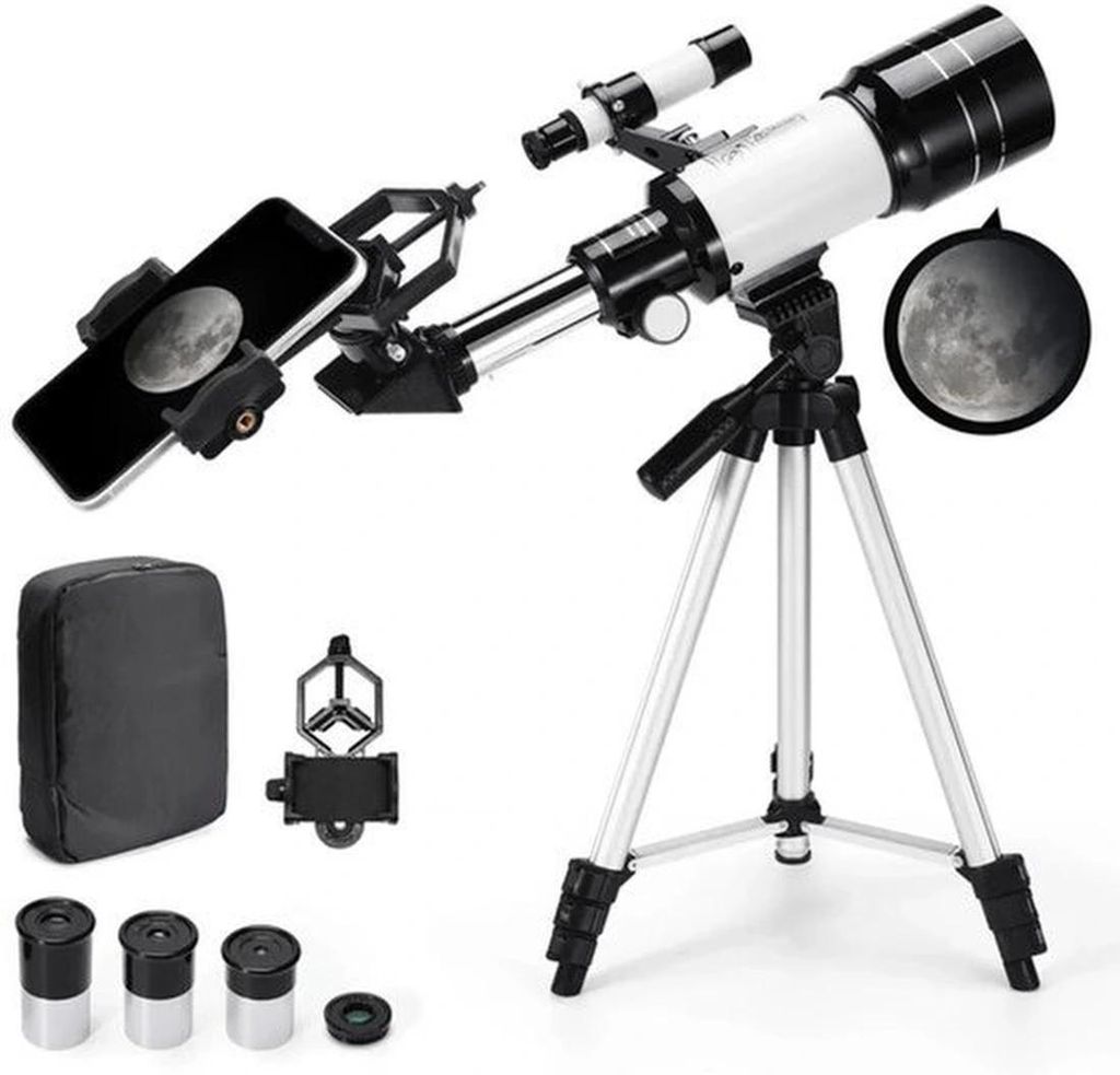 70mm Refraktor-Teleskop mit Stativ, Okularen, Mondfilter & Smartphone-Adapter für Kinder und Anfänger