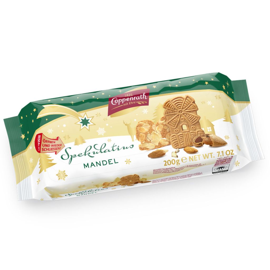 A package of Coppenrath Mandel Spekulatius cookies with festive Christmas-themed graphics.