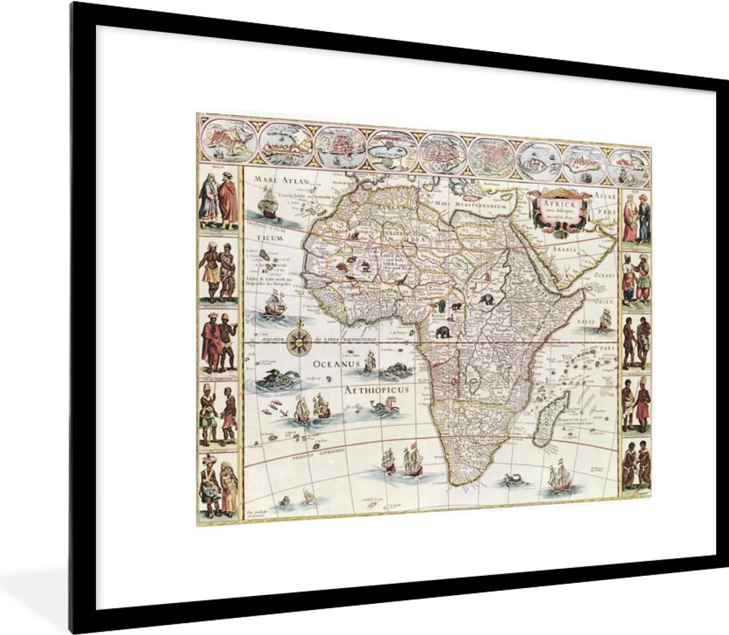 MuchoWow MuchoWow Gerahmtes Poster Karte - Jahrgang - Afrika 80x60 cm - Poster mit zchwarzem Bilderrahmen - Schlafzimmer-Dekorationen - Fotoposter