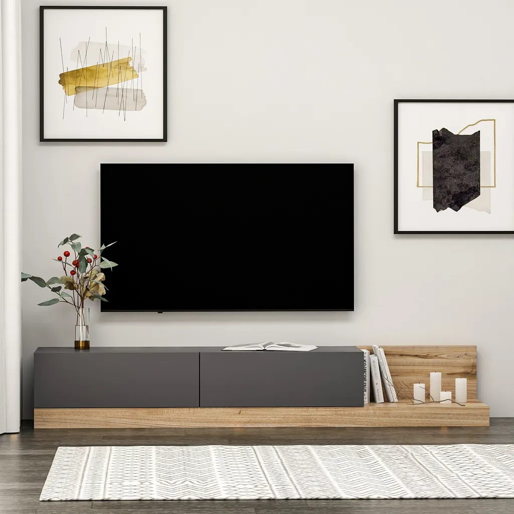 Meuble TV Gain de Place Anthracite - Fini Noyer Robuste 180x37x30cm