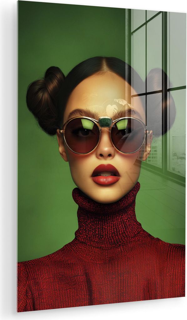MuchoWow Glasbilder - Bilder auf Wandbild - Foto auf Glas Frau - Grün - Brille - Ästhetisch - Modern 20x30 cm Wanddekoration aus Glas - Acrylglas...