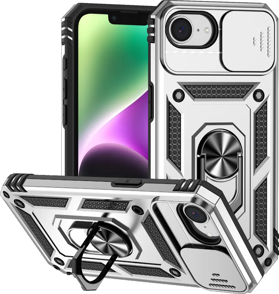 Custodia per iPhone 16e Argento - Doppio Strato con Anello e Slider