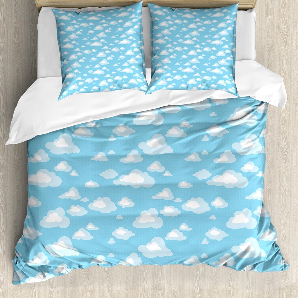 ABAKUHAUS Blau und weiß Bettbezug Set, Karikatur-Himmel mit flaumigem Wolken-freiem Tag Baby-Muster, 155 x 220 cm + 80 x 80 cm, Babyblau Hellblau