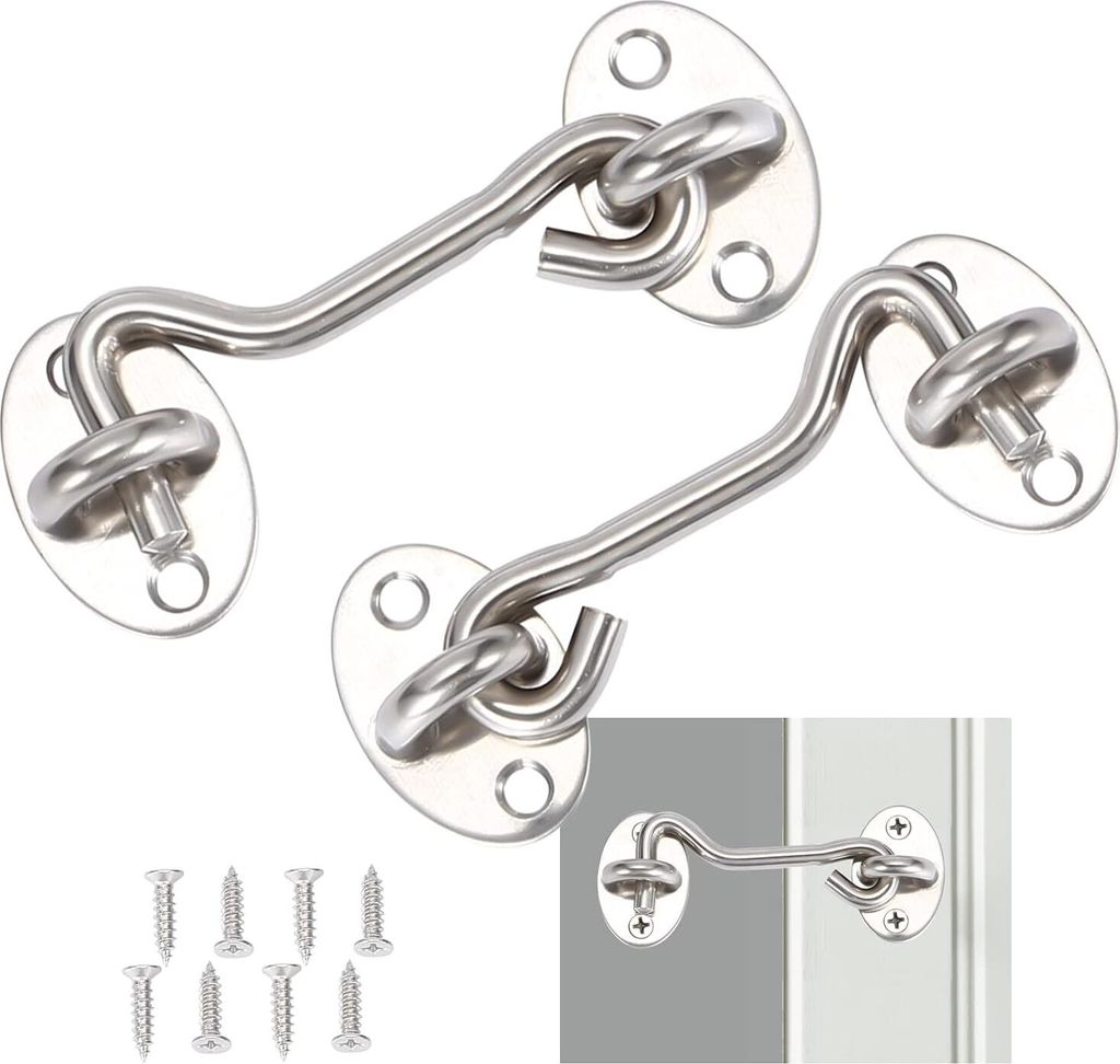 2 StüCk Sturmhaken mit öSe,Kabinenhaken Edelstahl,TüRhaken Silber Fensterhaken,Sturmhaken für SchwingtüR Holz,FensterläDen Holz,Scheunentor G...