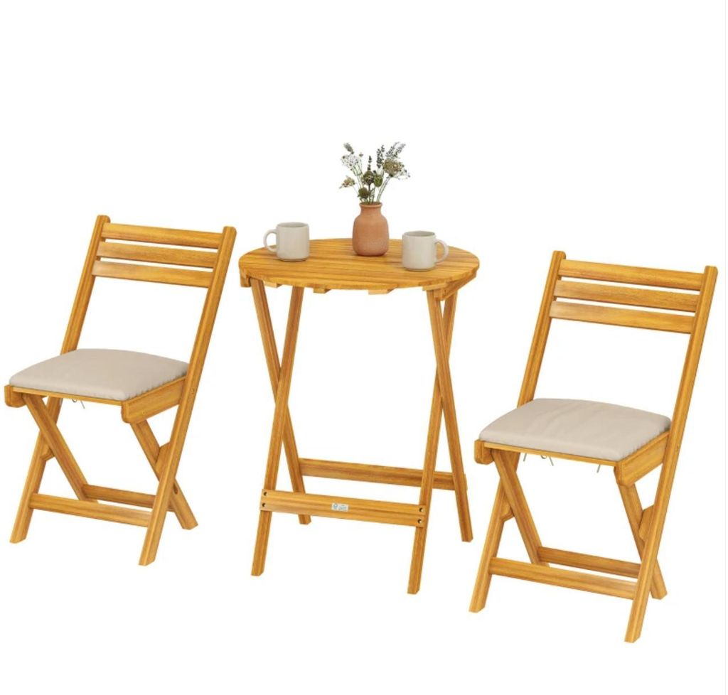 Balkonmöbel Set 3 teilig, Klappbar Gartenmöbel Set mit Runder Tisch 2 Stühle Sitzkissen