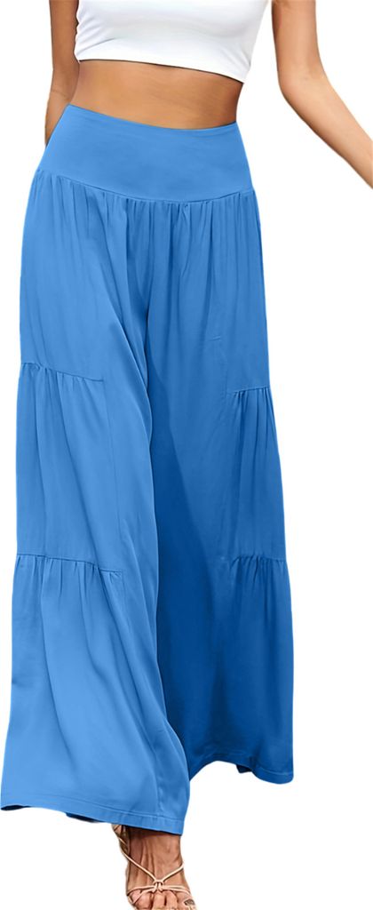 ASKSA Damen Leinenhose Sommer Elegant Hohe Taille Weites Bein Freizeithose Leichte Hosen, Himmelblau, Groesse: L