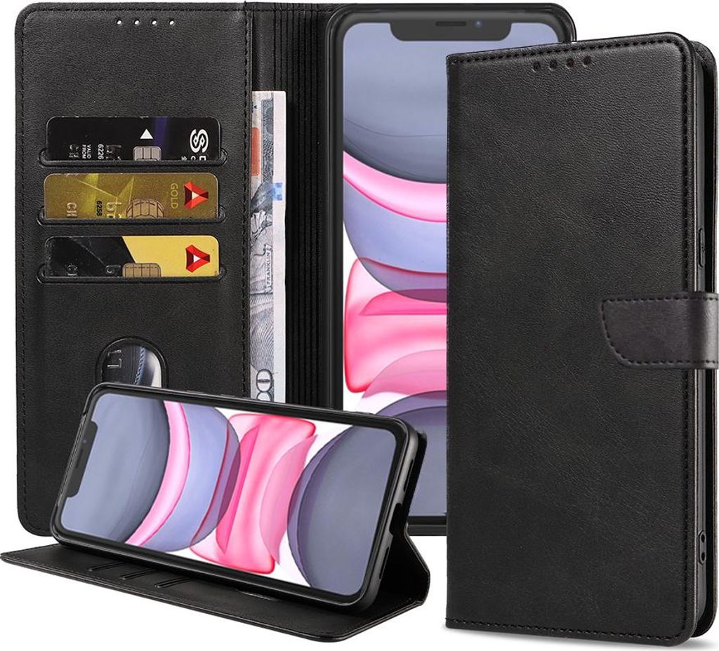 Fit für iPhone 11 Handytasche Kunstleder mit magnetischer Lippe und Kartenhalter Buchhülle mit Klappe - Schwarz - Smartphonica