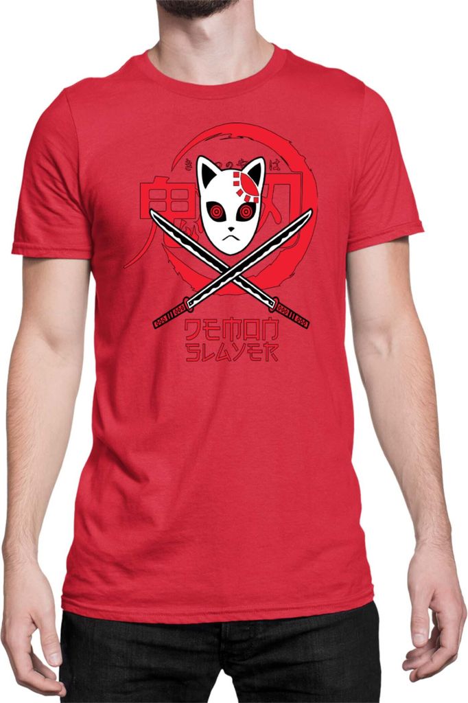 Herren T-Shirt Demon Anime Slayer Kimetsu No Yaiba Mask 001, Man L / Rot