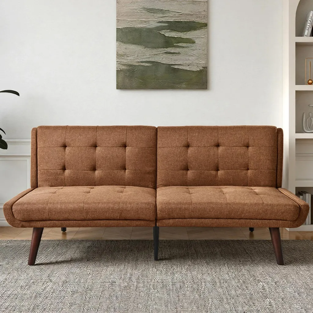 Banquette convertible 2 places futon marron, lit d'appoint gain de place