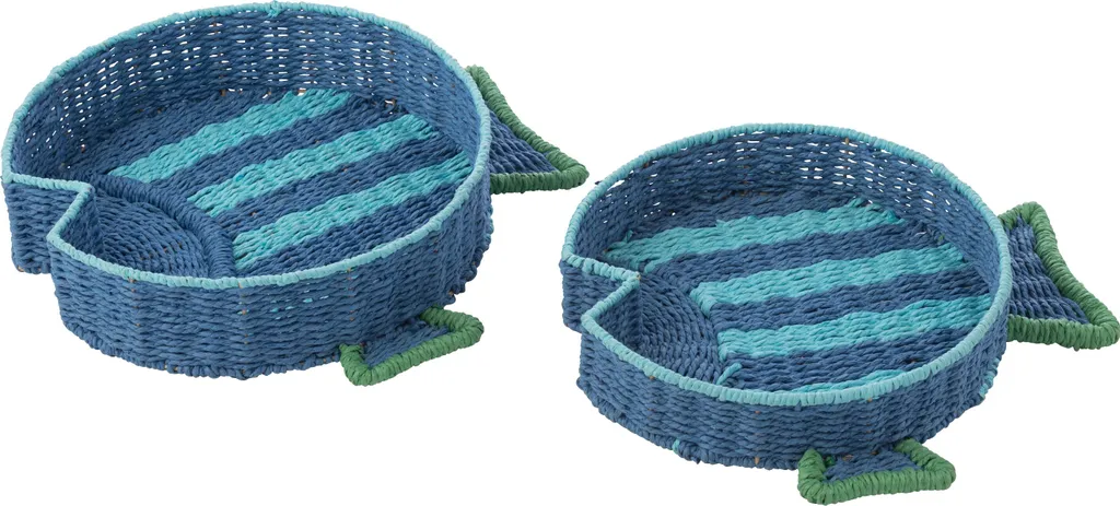 J-Line Set de 2 Plateaux Poisson Rayé Papier Bleu Foncé et Vert Émeraude