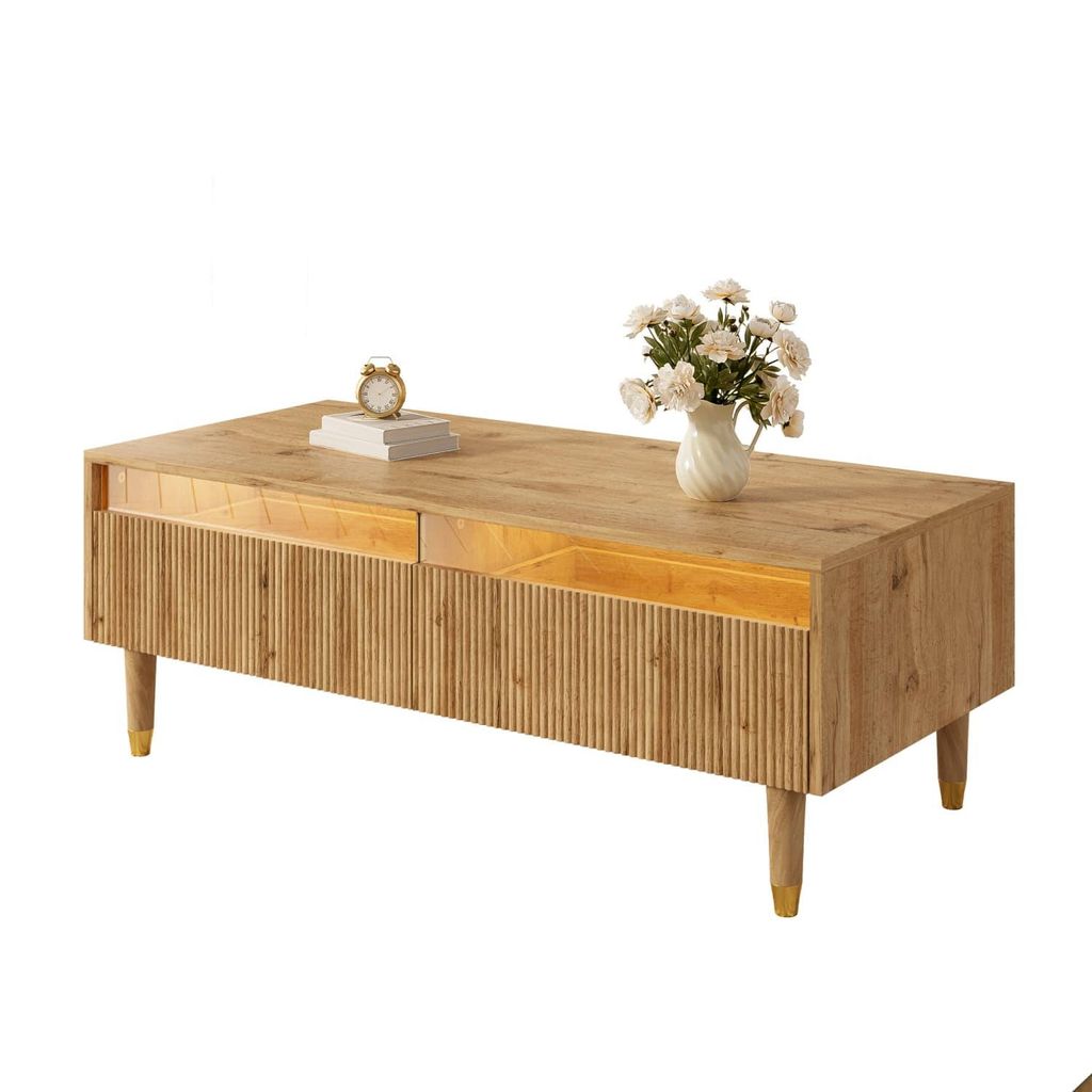 Couchtisch,LED-Sofatisch mit eine gewellte Schubladenplatte, gold-holzfarbene Beine, zwei Schubladen und einen farbwechselnden LED-Lichtstreifen