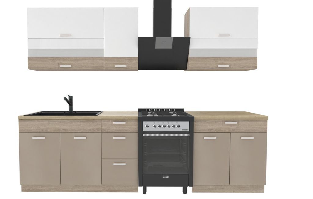 Küchenzeile 270 cm - Sonoma Beige Weiß - Ohne Arbeitsplatte - Metallbox Schubladen - Soft-Close - MDF - Fronten mit Verglasung - PREMIO B
