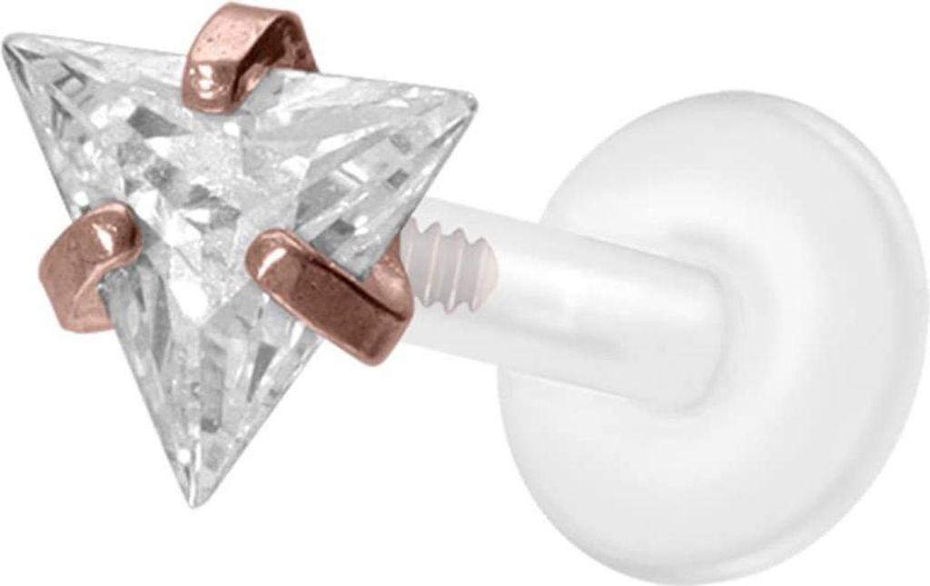 Ohrpiercing, Nasenpiercing PTFE Labret mit Innengewinde + Titan-Aufsatz EINGEFASSTES KRISTALLDREIECK RoséGold Stablänge: 6mm | Stabstärke: 1,2mm