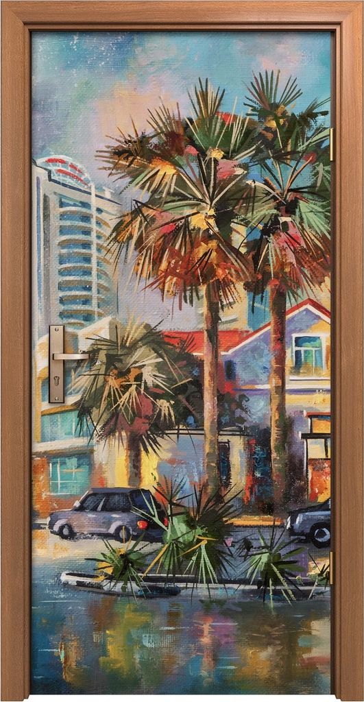 Türposter 90x200 cm Türaufkleber Türtapete Türfolie Klebefolie Deko Sochi Stadt Palme Straße Autos