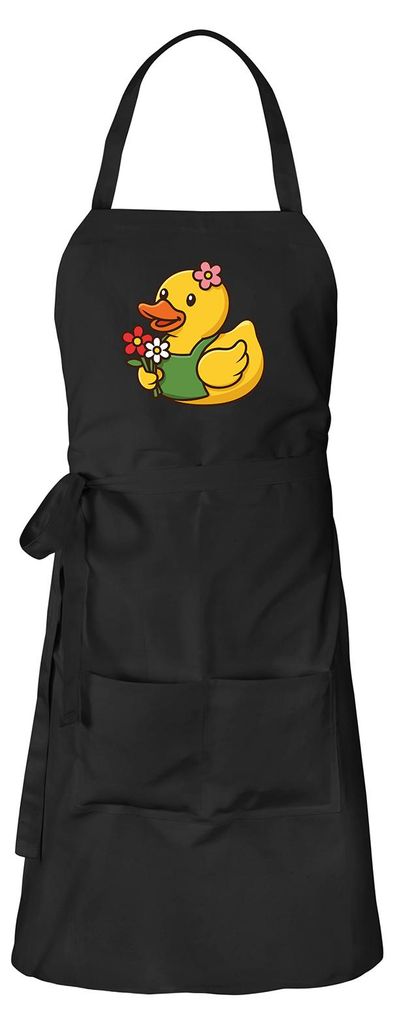 Huuraa Schürze Quietscheente Floristin Gummiente Gärtnerin Schwarz mit Taschen Baumwolle Kochschürze Geschenkidee