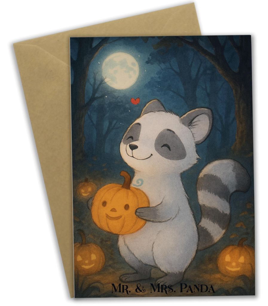 Mr. & Mrs. Panda Grußkarte Waschbär Kürbis Design - Weiß - Geschenk, Dekoration, Klappkarte, Halloween Deko, einladungskarten, weihnachtskarten...