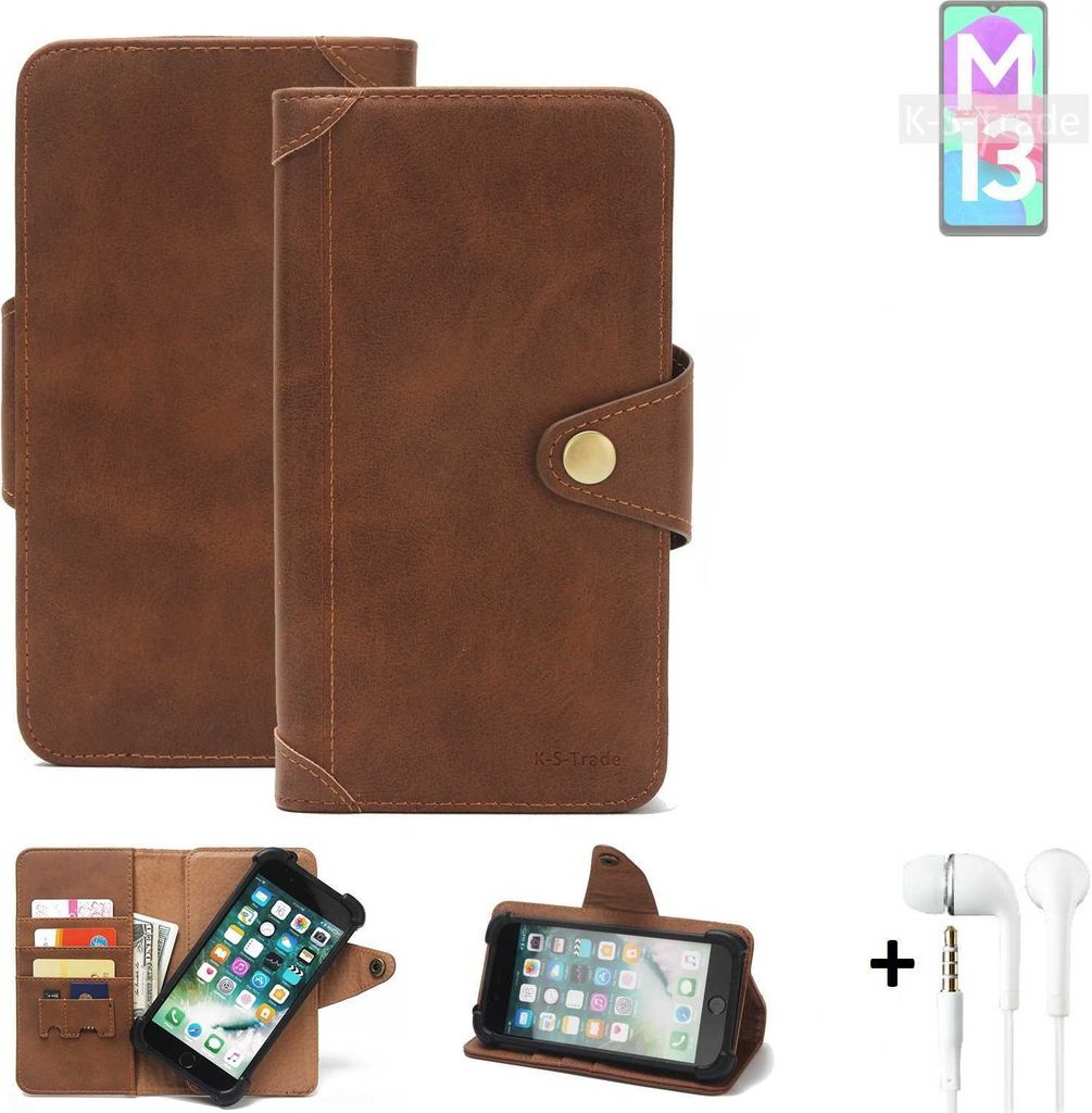 K-S-Trade Handyhülle + Kopfhörer für Samsung Galaxy M13 4G Schutz Hülle Walletcase Bookstyle Tasche Case Handytasche Wallet Flipcase Cover PU