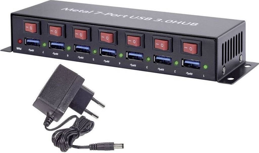 Renkforce RF-3269622 USB-Hub 7 Port USB-A USB 3.0 5 GBit/s Metallgehäuse, einzeln schaltbar, zur Wandmontage Schwarz RF