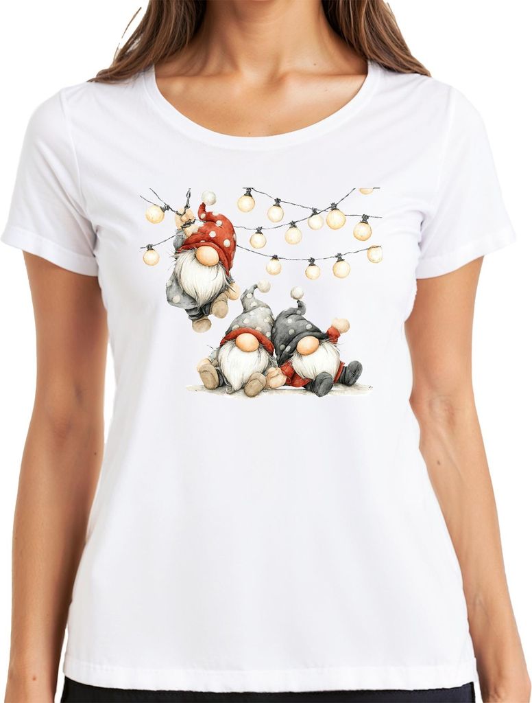 Weihnachtswichtel Lichterkette niedlich skandinavisch Geschenk Damen T-Shirt, Weiß, XL
