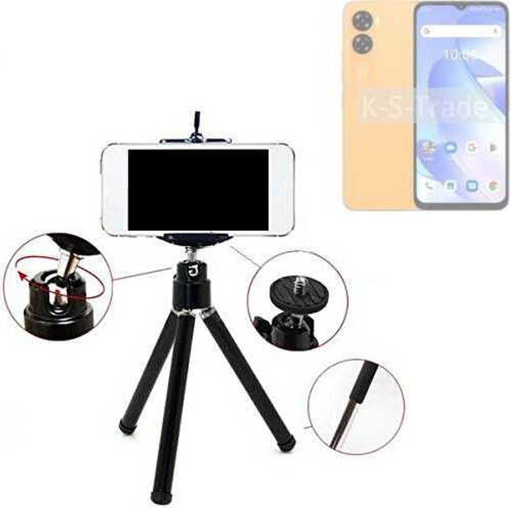 K-S-Trade Smartphone Stativ Dreibein kompatibel mit UMIDIGI G3 Max Tripod aus Aluminium Klemmstativ Stativ Adapter für Mobiltelefone schwarz 1x