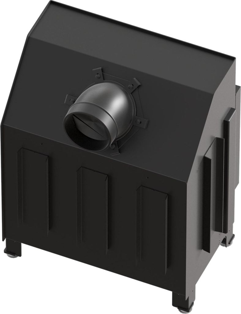 A black metal fireplace insert with a flue pipe on top, shown from a three-quarter angle.