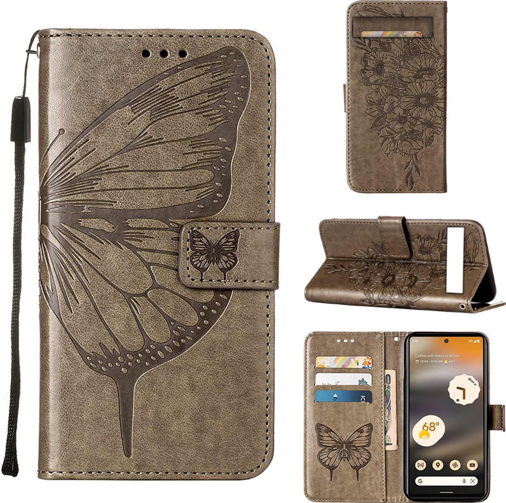 Google Pixel 7A Hülle, Schmetterling Prägung Flip Leder Kartenfächer Schutzhülle Ledertasche mit Ständer für Google Pixel 7A Grau