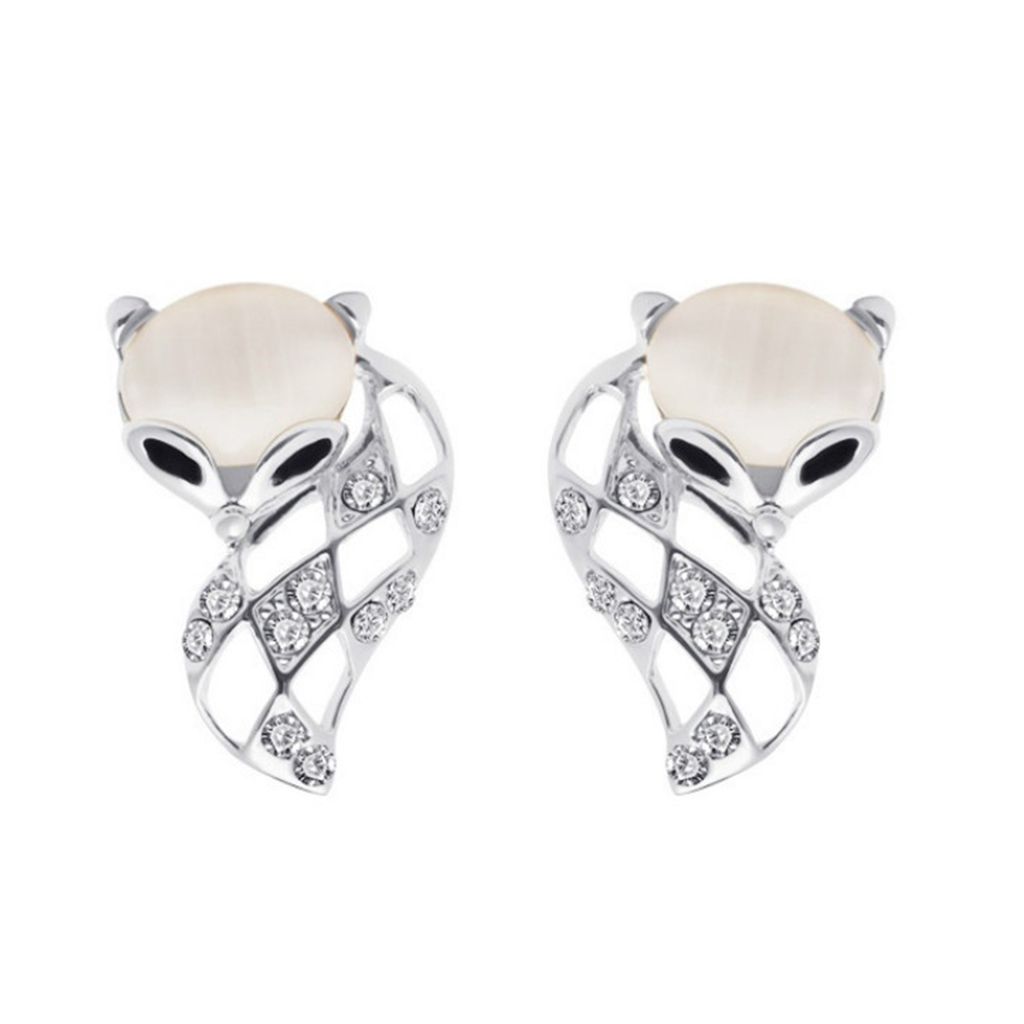 Damenmode Hollow Fox Faux Opal Strass Ohrstecker Party Club Ohrringe-Silber