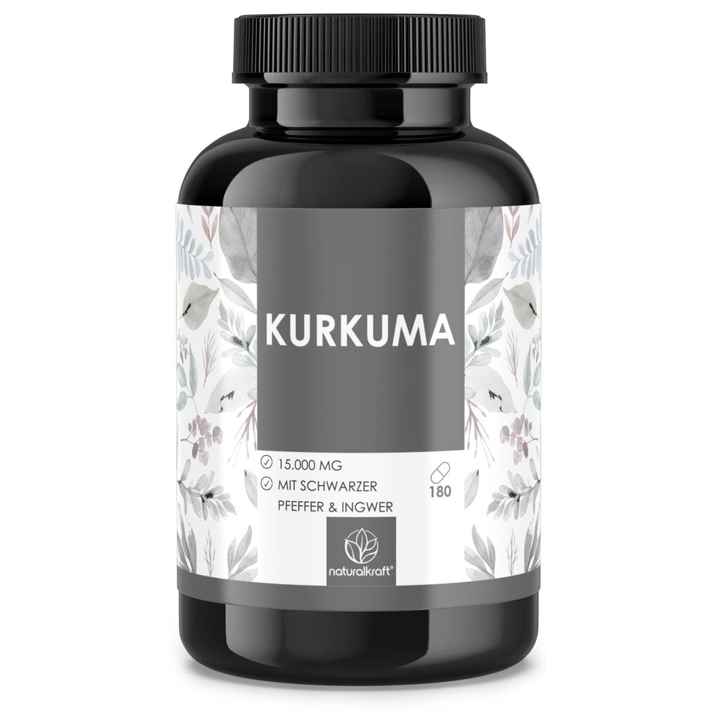 Kurkuma Premium Kapseln – Je Tagesdosis 15.000 mg Kurkuma Wurzelpulver mit Ingwer, Schwarzem Pfeffer & Zedoaria – Vegan, glutenfrei – 180 Kap...