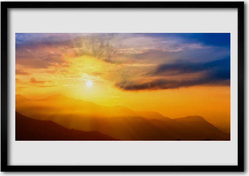 Bild 70x50 MDF-Rahmen Wandkunst Berg Sonne Wolken Landschaft