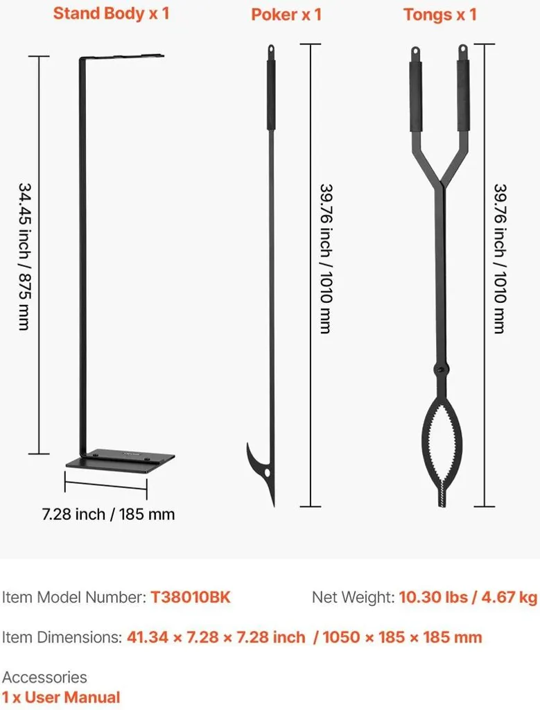 Ensemble d'outils pour cheminée en fer forgé noir (3 pcs) avec support - 7