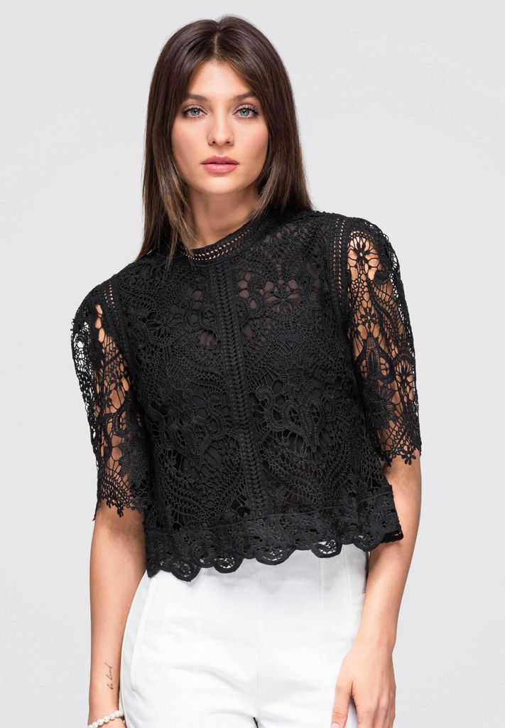 LARICA Bluse Kurzarm Romantisch Elegant OW-TS-E0044 black M