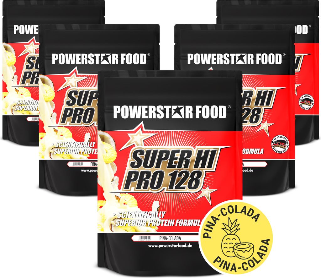 Powerstar SUPER HI PRO 128 | Mehrkomponenten Protein-Pulver 5x1kg | Höchste Biologische Wertigkeit | Protein-Shake zum Muskelaufbau | Pina Colada
