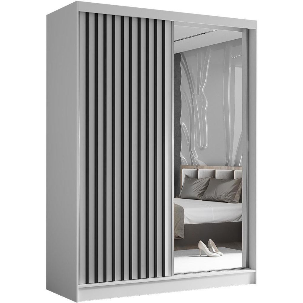 Schwebetürenschrank HELIX 160cm Weiß/Schwarz – 2-türig, Kleiderschrank mit Lamellen & Spiegel & Schiebetüren