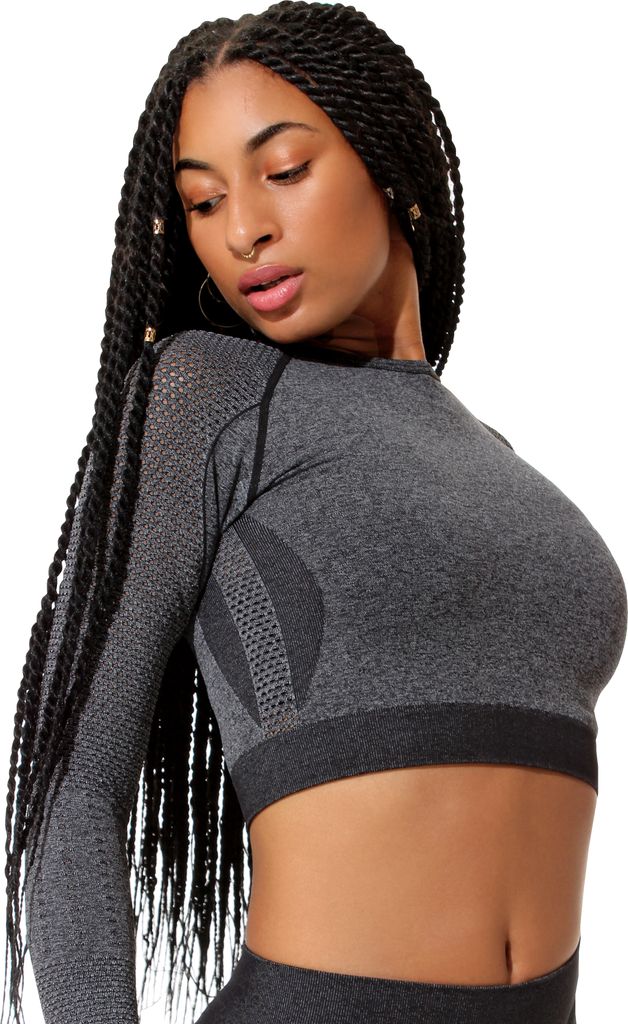 Crop-Top Longsleeve / Sport Oberteil - Schwarz-Melange - S