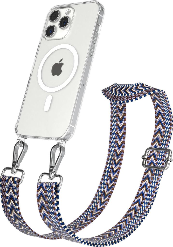 EAZY CASE - Handykette mit MagSafe Hülle für Apple iPhone 15 Pro Max, Handyband ZigZag Style,Karabiner Silber, Umhängeband in Blau