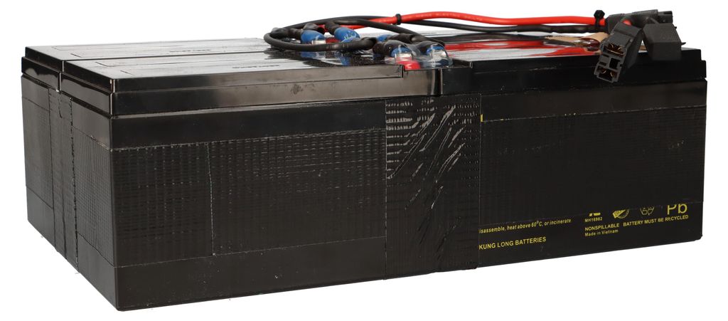 A black battery pack with wires on top, isolated on a white background.
