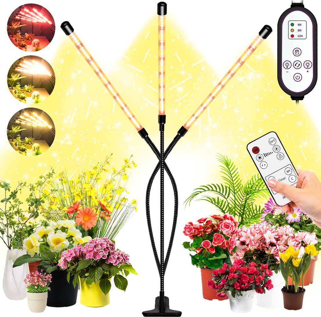 LED Pflanzenlampe Vollspektrum 3 Köpfe Dimmbar 3 Modi Pflanzenlicht Zimmerpflanzen Wachstumslampe mit Timer
