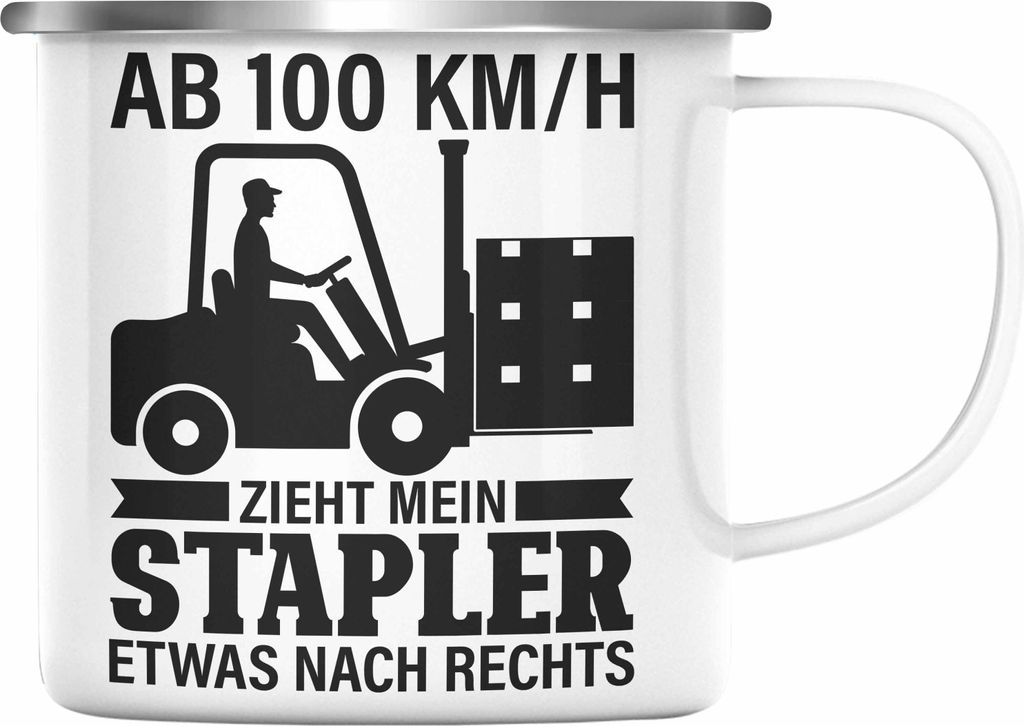 Trendation - Gabelstapler Lagerist Geschenk Emaille Tasse Staplerfahrer Spruch Fachlagerist Geschenkidee (Silber)