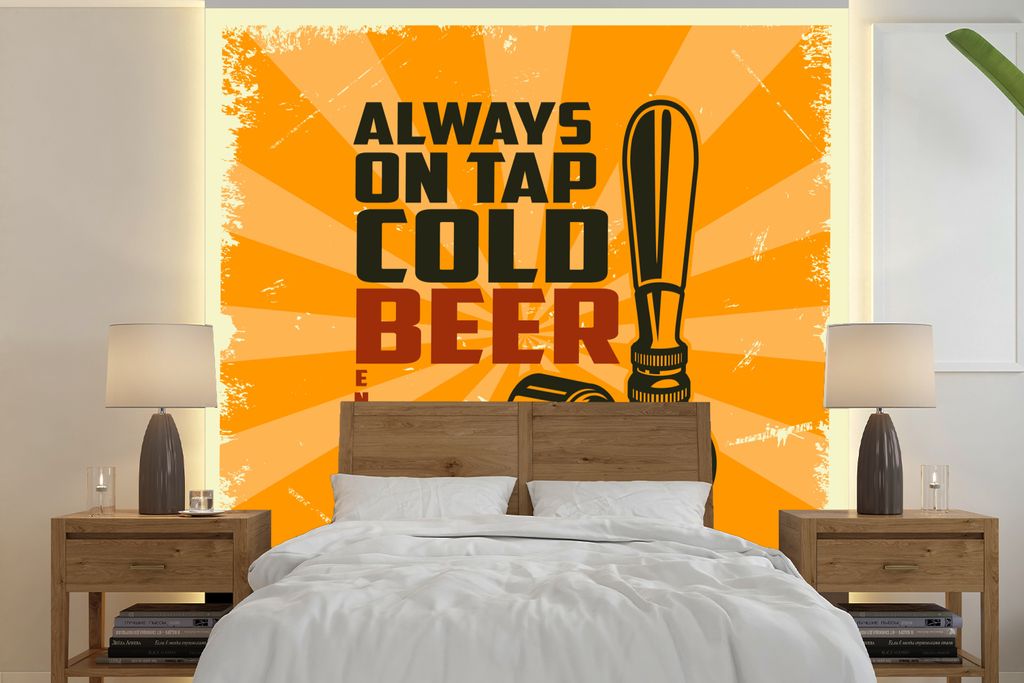 MuchoWow Fototapete für Wohnzimmer oder Schlafzimmer Wandtapete Vinyl Motivtapete Mannshöhle - Bier - Orange - Vintage - 240x240 cm - Schlafzim...