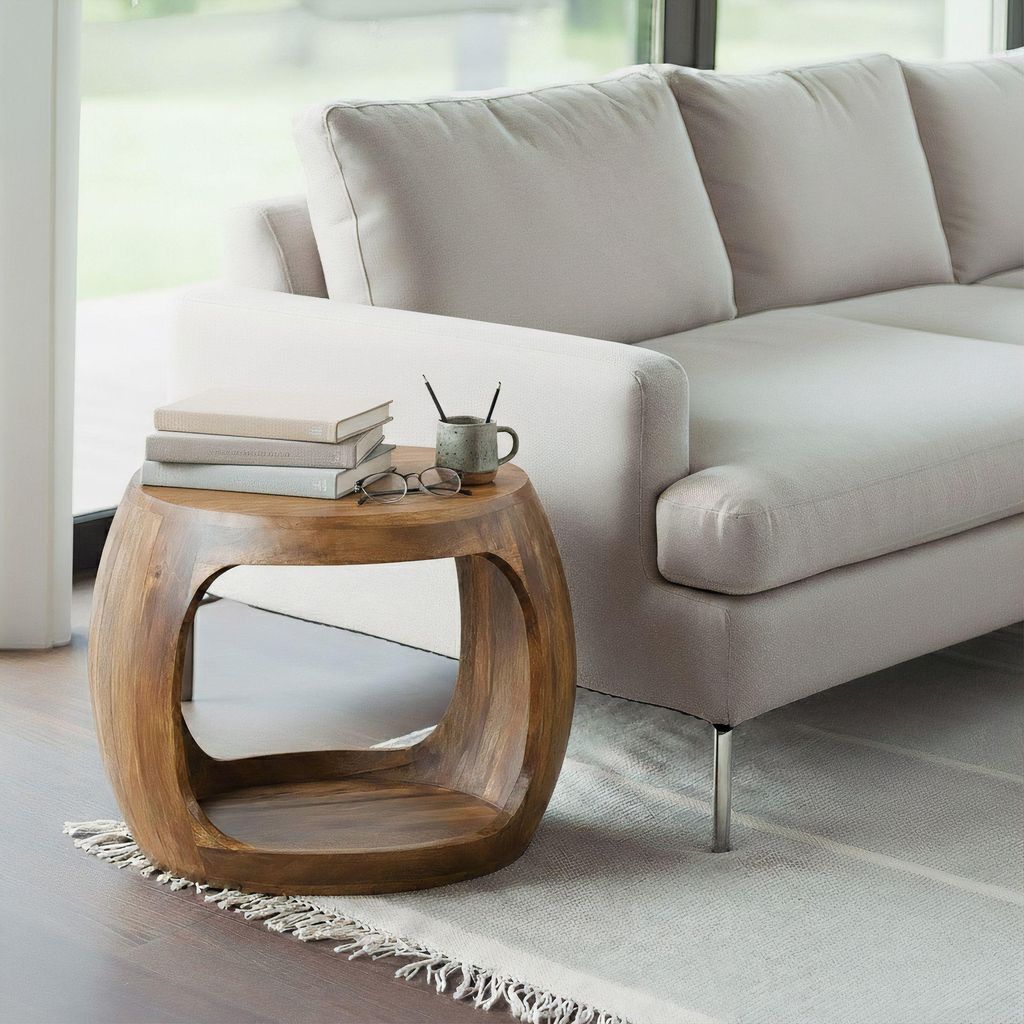 WOHNLING Beistelltisch 50cm Mango Massivholz rund mit Ablagefach Couchtisch Echtholz handgefertigt Wohnzimmertisch im Naturdesign Handmade