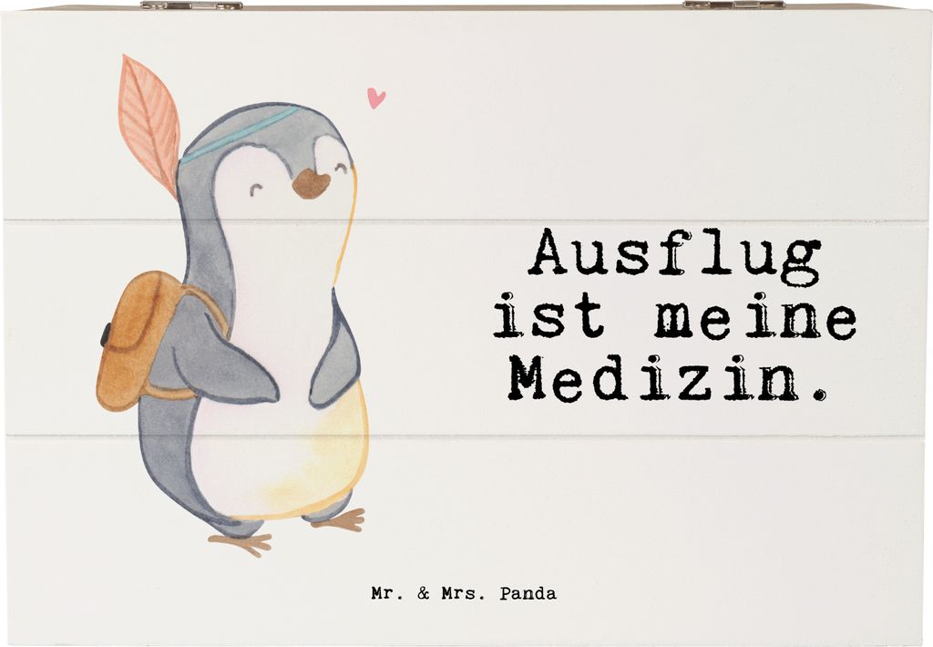 Mr. & Mrs. Panda Box Pinguin Ausflug 22 x 15 cm - Weiß - Geschenk, Ausflüge machen, Kiste mit Deckel, Holzkiste, Reisen, Ausflugsziele, fotobox