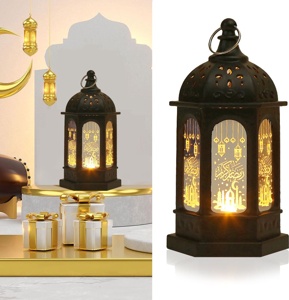 Lampada Decorativa LED Ramadan In Legno - Lanterna Per Decorazione Tavolo - Luce Calda A Batteria - Dimensioni 31x5.5x18.6 Cm - 2