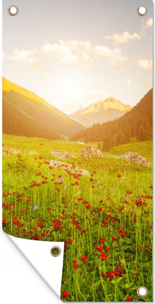 MuchoWow 40x80 cm Outdoor-Poster Gartendeko Sichtschutz Garten Poster für den Garten Blumen - Berg - Sonne