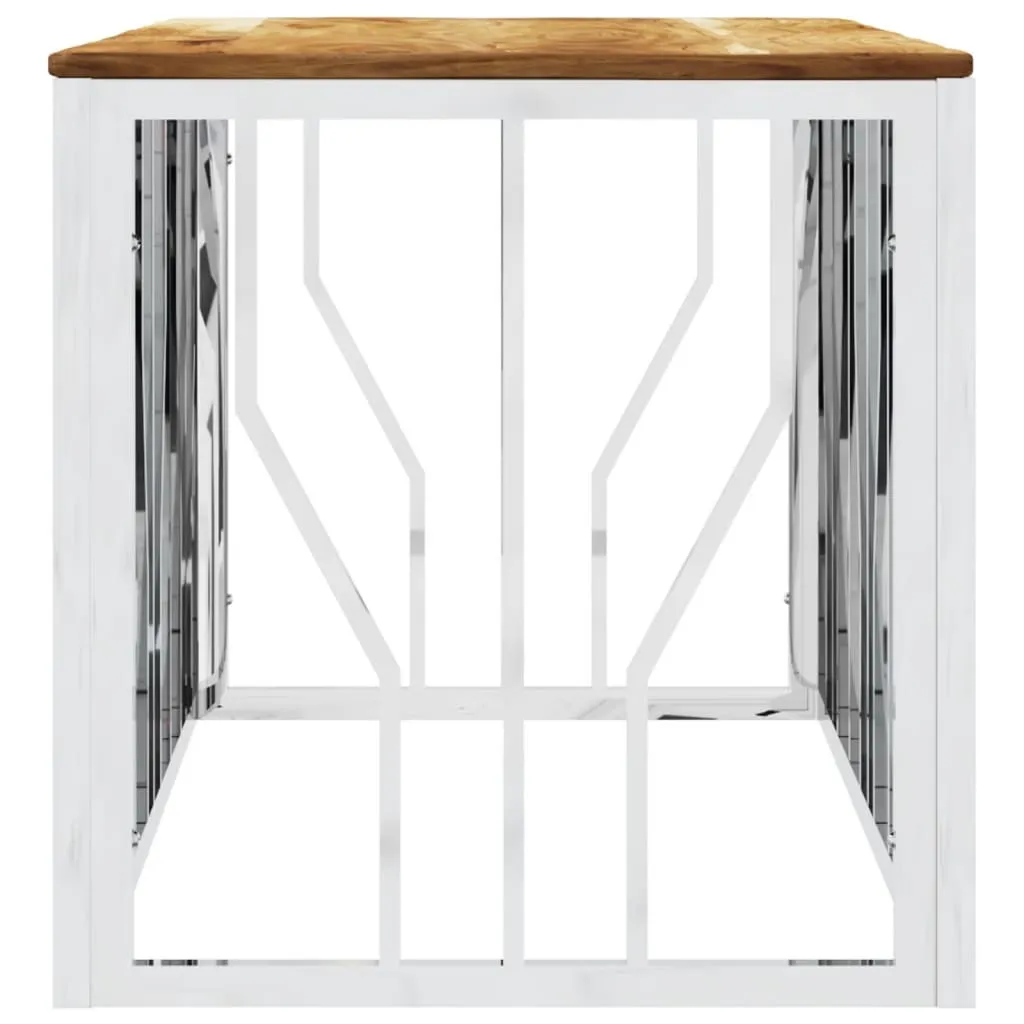 Table Basse Luxe Acier Inoxydable Argenté et Plateau Acacia Véritable - 4