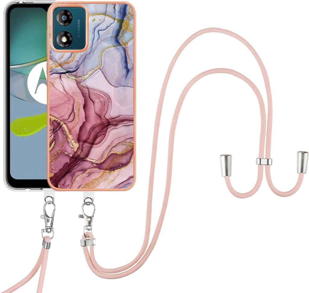 Moto E13 Handykette Hülle, Muster TPU Bumper Schutzhülle mit verstellbarem Tragegurt für Motorola Moto E13 Rosa
