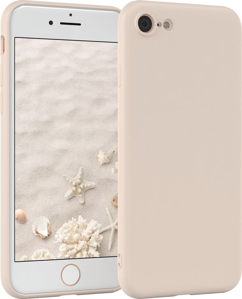 A beige iPhone case is shown next to an iPhone displaying a beach-themed wallpaper.